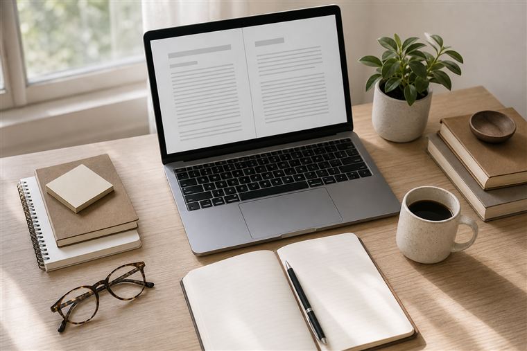 Mesa de trabalho de uma redação editorial